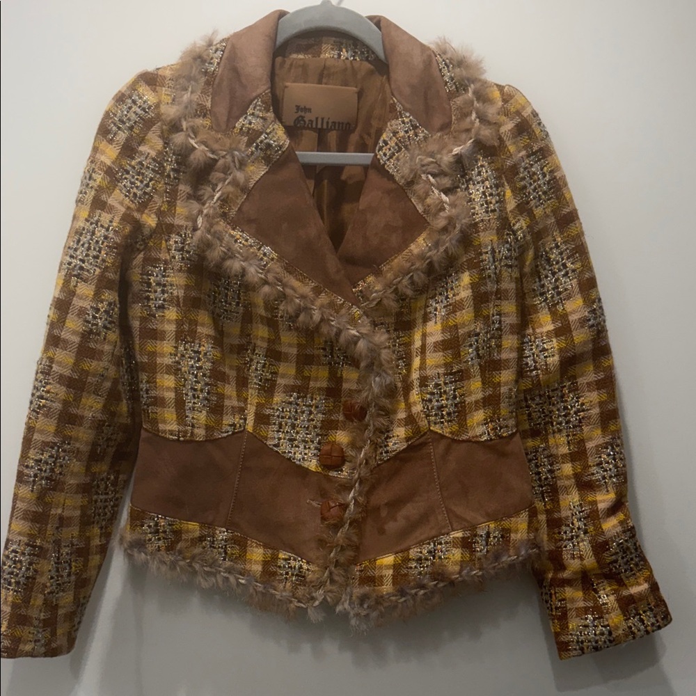 John Galliano Yellow-Brown Plaid Blend Blazer with Fur Trim